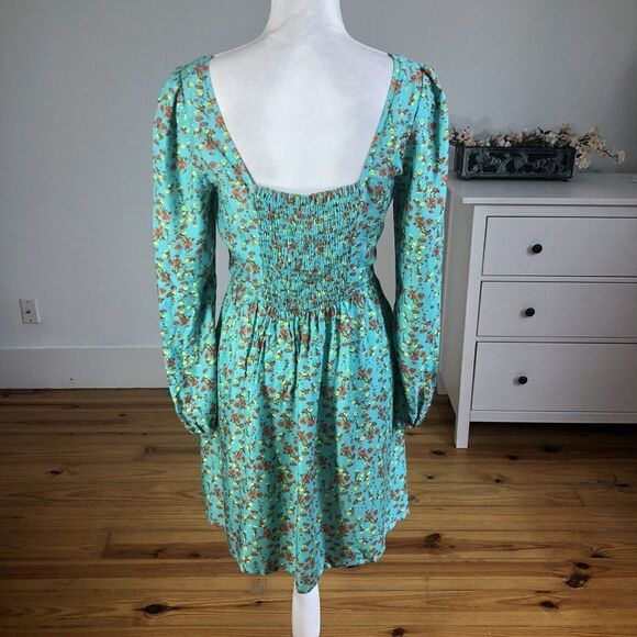 Chelsea & Violet Small Long Sleeve Aqua Cottage Core Dress Prairie Floral Mini - Picture 4 of 12